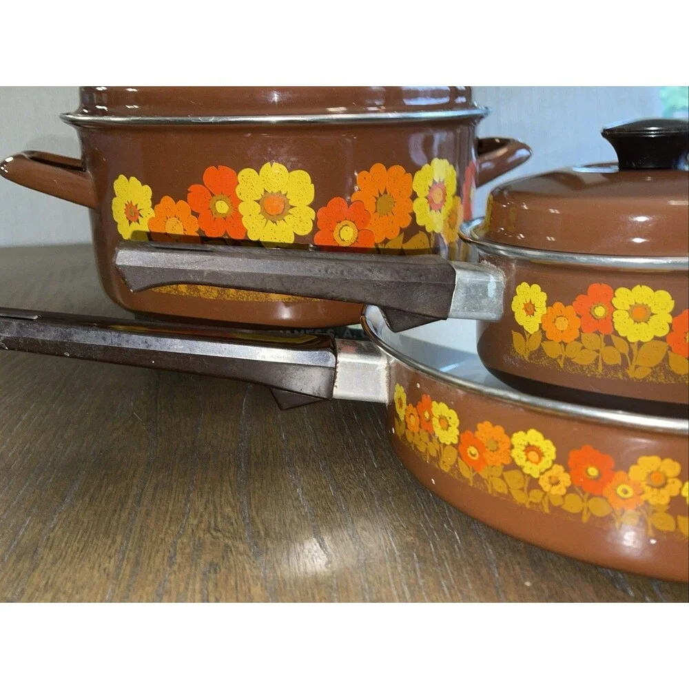 VGT Swan Brand Enamel Sauce Pot Pans Orange/Brown Flowers with Lids 70s  Lot 3